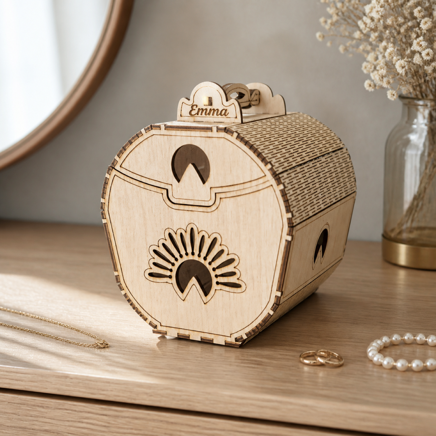 Caja joyero de madera con diseño solar