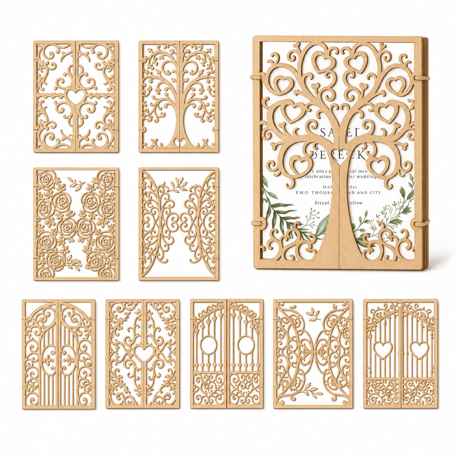 Colección de soportes para invitaciones de boda en corte láser