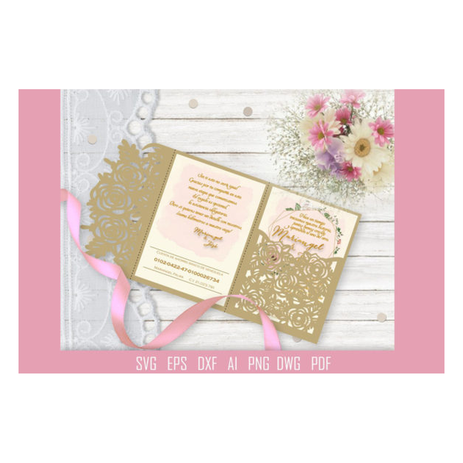 Invitación de boda recortada con rosa