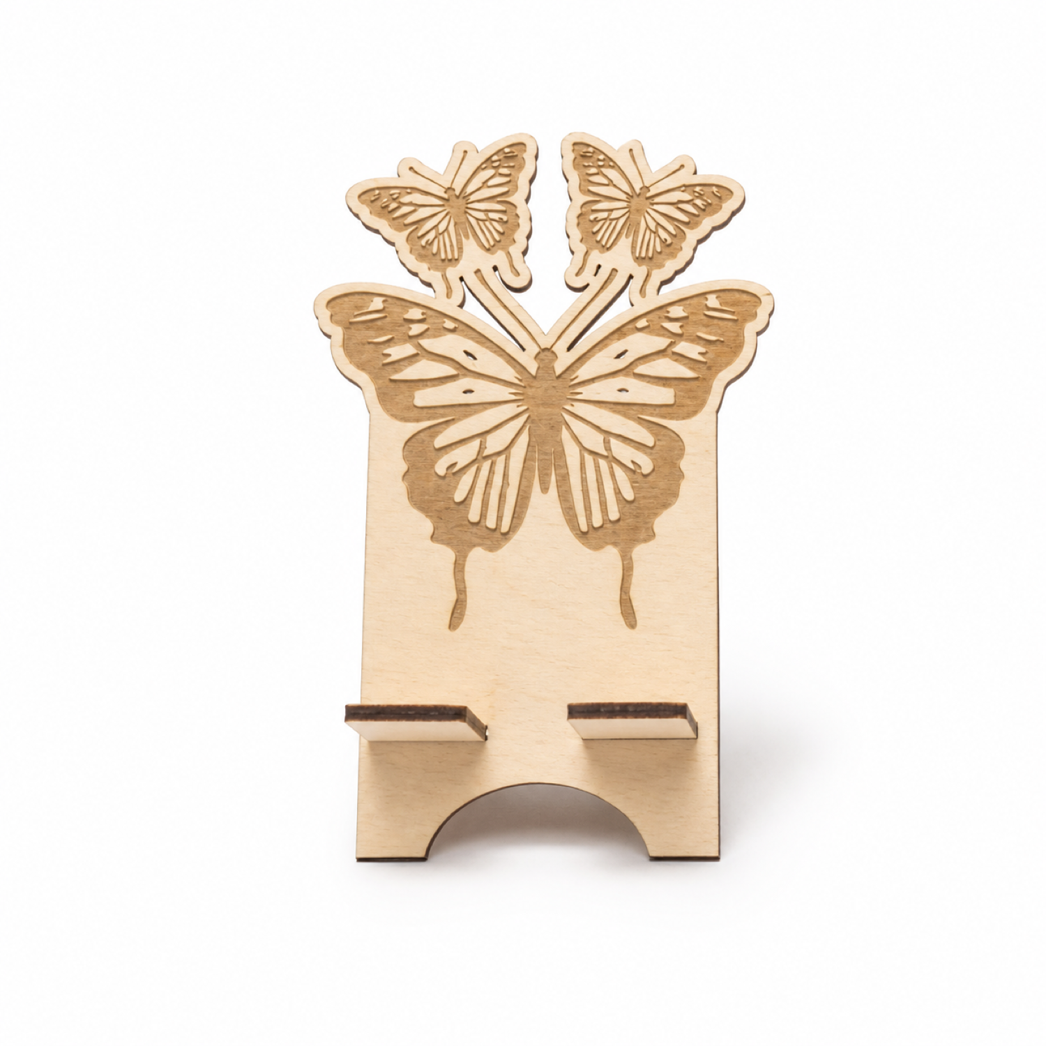 Soporte de madera para móvil con mariposa