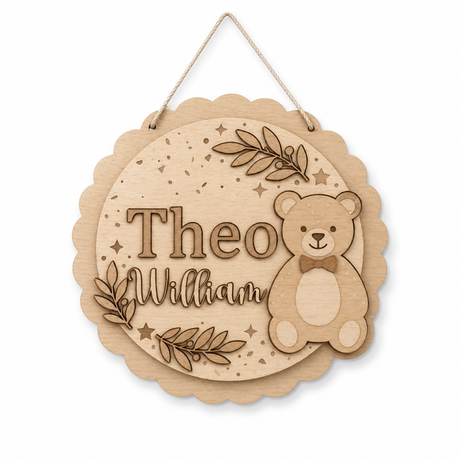Cartel infantil de madera con oso y nombre
