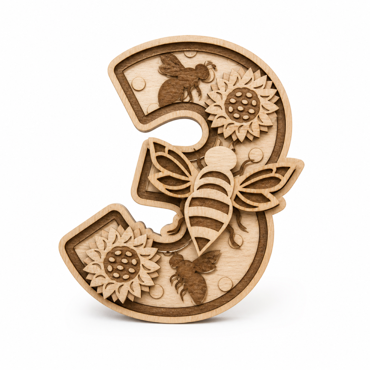 Números 3D con girasoles y abeja