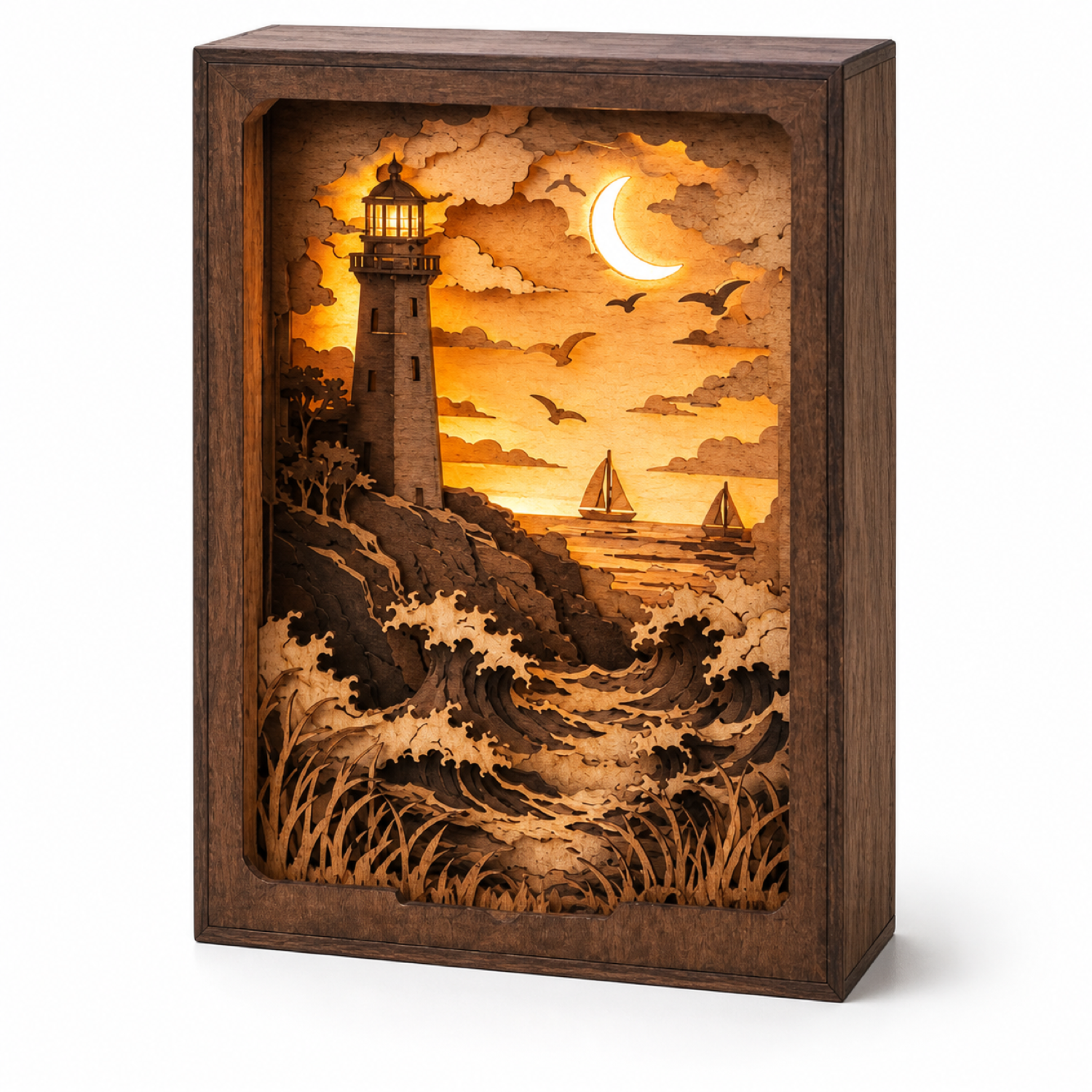 Moonlit Lighthouse Laser Cut Shadow Box
