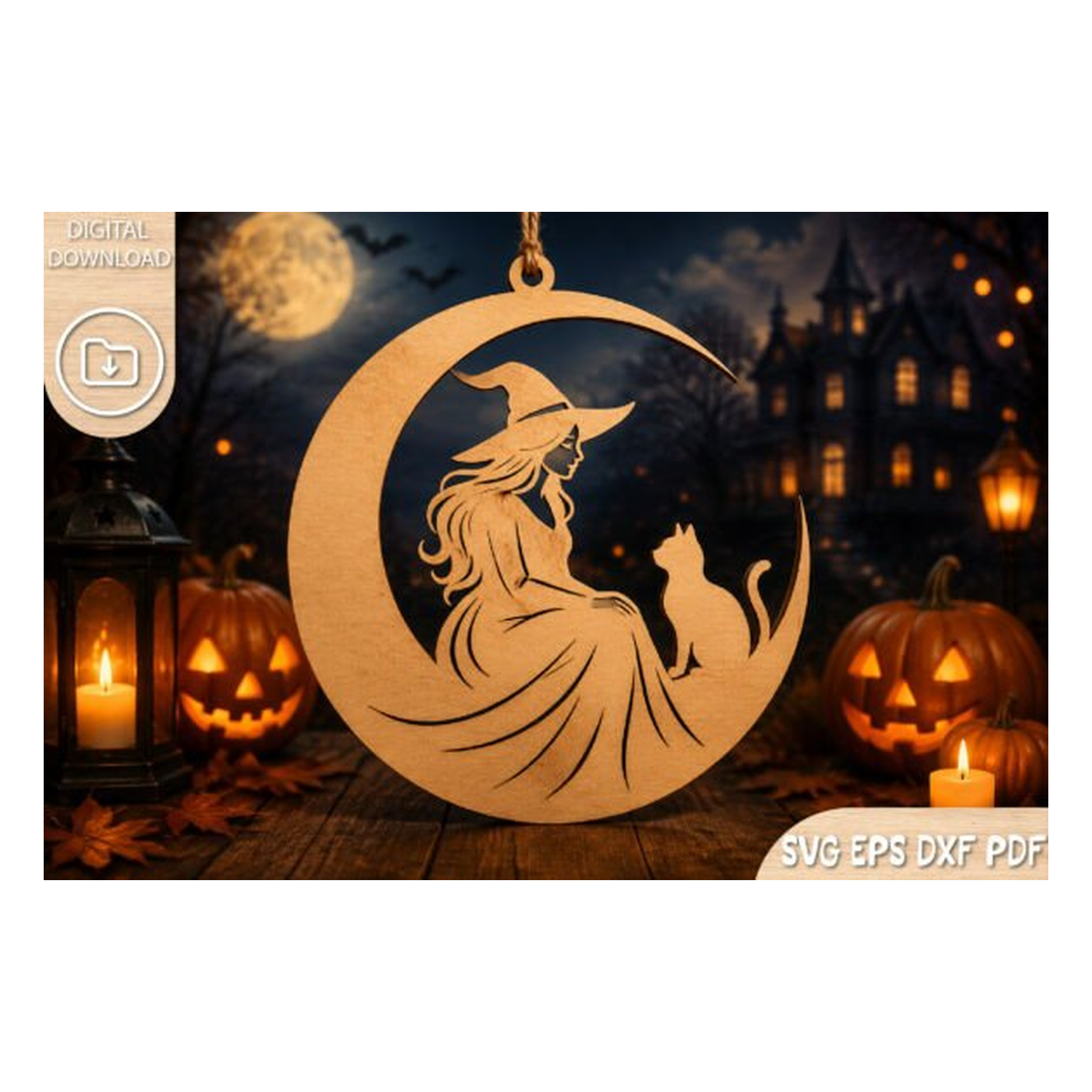 Witch on Moon Halloween Laser Cut SVG