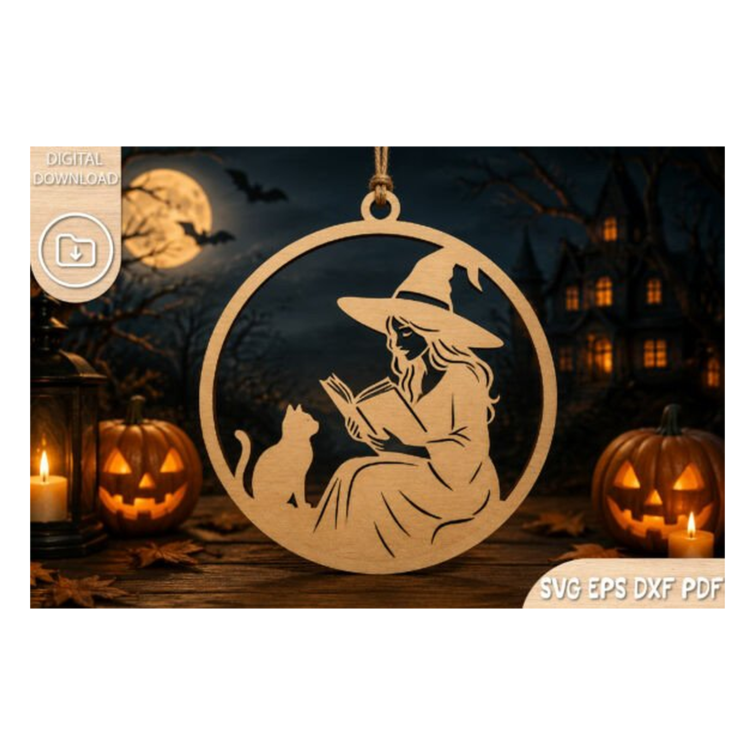 Reading Witch & Cat Halloween Laser Cut